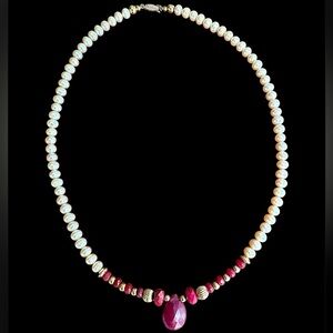 14k Gold Filled Lab Ruby Champagne Freshwater Pearl Necklace
